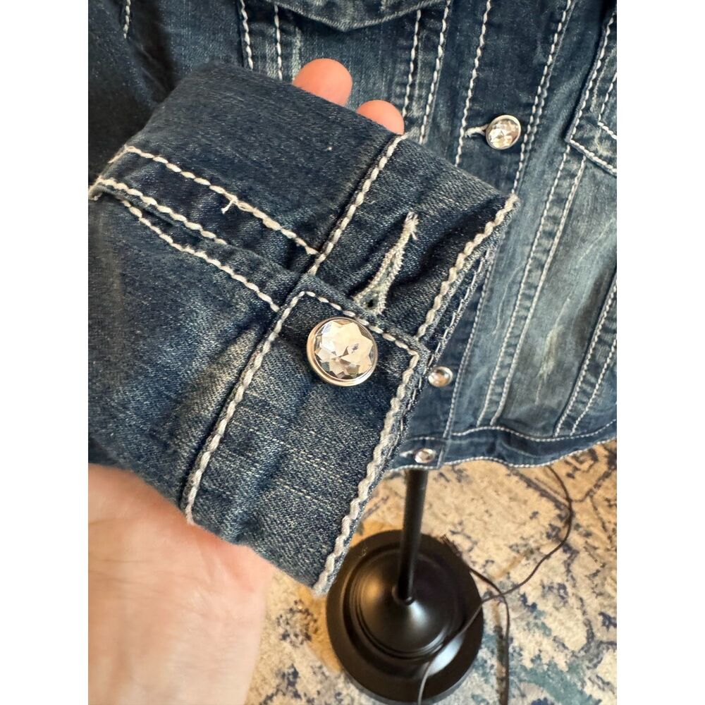 Vanity Denim Jacket Womens M Fleur-de-Lis Western Contrast Stitch Rhinestone NWT - Picture 5 of 11